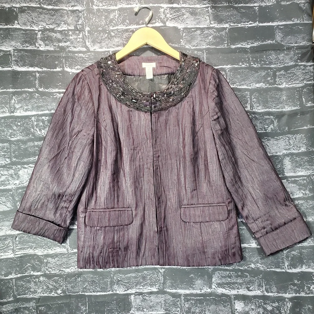 Chicos Jacket Womens Medium‎ Purple Beaded Elegant Fall Holiday Formal Lux Glam